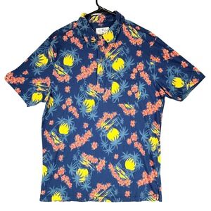 Vtg True Grit Hawaiian Polo Shirt L Men Blue Pink Hibiscus Moon Palm Aloha Beach